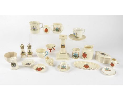 A selection of Sheffield related crested china, including a W. H. Goss milk jug, cup and saucer and pot, pair of Willow Art s