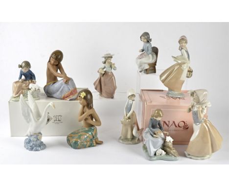 Two Lladro figures of a Hawaiian flower girls, boxed, height approximately 22cm and 20cm together with eight Nao figures, (10