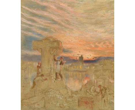 CARVING THE WAR MEMORIAL: THE STONEYARD AT PUTNEY BRIDGE Signed and dated 1923 oil and gouache on board 25.5 x 22cm Provenanc