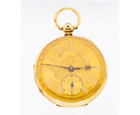 An early 20th century 18ct gold open faced pocket watch comprising gilt dial with applied gilt numeral indices, foliate decor