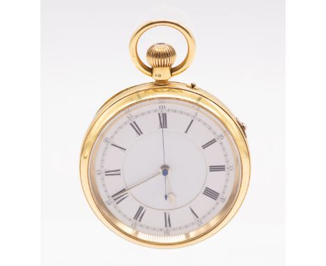 An early 20th century 18ct gold open faced pocket watch, comprising a white dial with Roman numeral indices, outer seconds tr