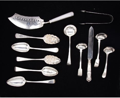 A collection of 18th & 19th Century flatware including: a pair of George II silver berry spoons, hallmarked London, 1752, no 