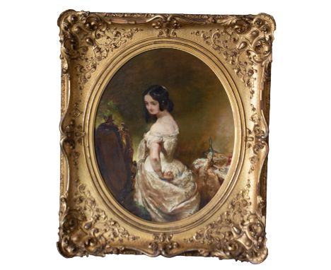 19th Century School  Lady in white dress at mirror with jewellery casket and scent bottle on table (Toilette)  oil on canvas,