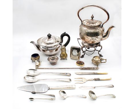 A collection of mostly 20th century silver plated items to include; a Mappin & Webb spirit kettle with engraved decoration wi