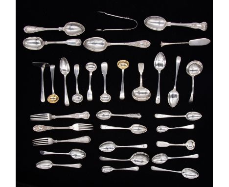 A collection of silver flatware to include: two pairs of Victorian Christening spoon and forks, both ornate decoration, one p