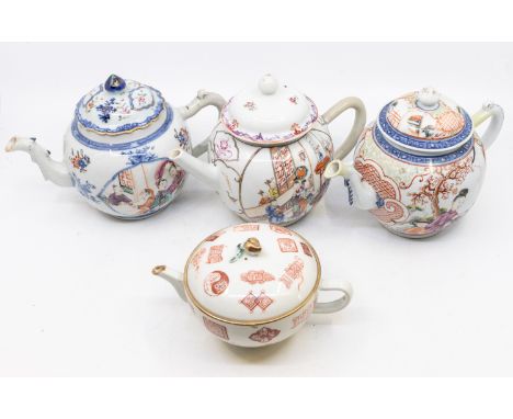 Three Chinese export porcelain tea pots and covers, Qing dynasty, (late 18th century), each with Mandarin figures, largest ap