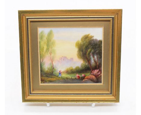 A Royal Worcester plaque depicting Windsor Castle signed D Rushton, puce factory mark, date code for 1928, approx 7 x 8cm, la