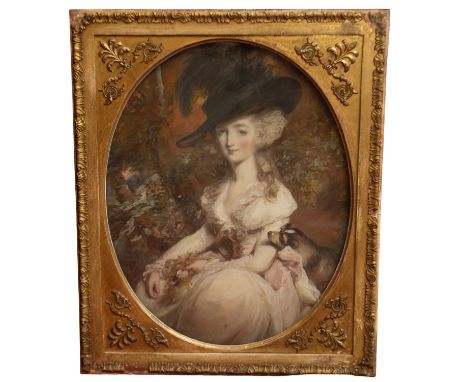 In the manner of Gainsborough (English, 19th Century) Portrait of a Mrs Peters of Betchworth gouache, oval, 59cm long, titled
