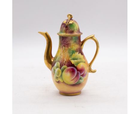 A Royal Worcester hand painted small (miniature) coffee pot, decorated with green grapes, peached and blackberries with hedge