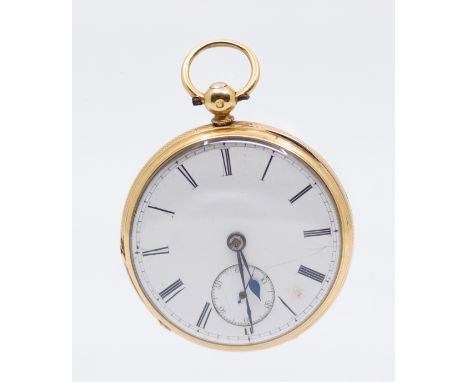 A ladies late Victorian 18ct gold open faced pocket watch, comprising a white enamel dial with Roman numeral markers, subsidi