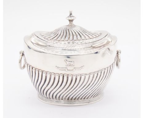 An Edwardian silver sugar box and cover, gadrooned body and oval gadrooned hinged cover, finial to top and gilt interior, eac