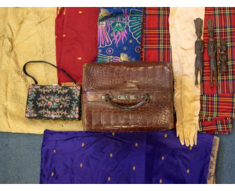 A mixed lot of textiles and others to include; a faux Crocodile leather Doctor's bag, opening to show leather interior and po