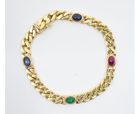 An 18ct gold sapphire, ruby, emerald set bracelet, comprising oval cabochon sapphires, an emerald and  a ruby collet set, eac