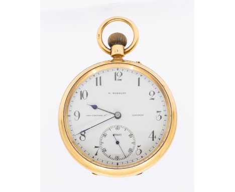 An early 20th century 18ct gold open faced pocket watch, comprising an signed W Wordley London, enamel dial with Arabic indic