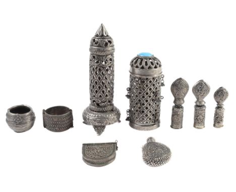 A Middle Eastern metalware lamp and other articles, including an anklet, 20th c ConditionGood condition