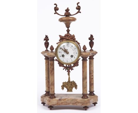 A French ormolu mounted marble clock, early 20th c, in Louis XVI style, the colonnade clock with urn finial, drum cased bell 