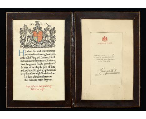 World War One commemorative scroll, Captain Edward George Harvey, Wiltshire Regiment, leather frame  1585342 Captain Edward G