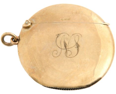 A George V 9ct gold round vesta case, 46mm diam, by Deakin &amp; Francis Ltd, Birmingham 1911, 17.5g ConditionLight contact s