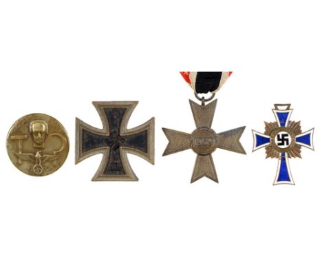 Germany, Third Reich, Iron Cross first class, War Merit Cross, Mother's Cross (enamel chipped) and 1934 Worker's Day badge Co