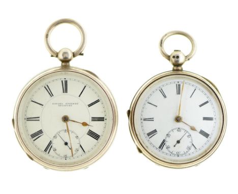 Two English silver lever watches, Edward Sweeney Bradford or unsigned, 49 and 53mm diam, both Birmingham, 1896 and 1899 Condi