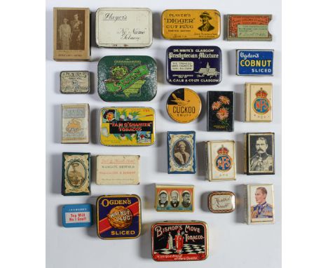 Advertising. Twenty-four tins and matchbox slides, first half 20th c, lithographed in one or more colours, most of the matchb