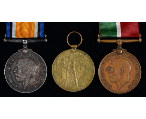 WWI pair, British War Medal and Victory Medal 5257 Sjt I Hartley W Rid R and Mercantile Marine War Medal John T Berlin Condit