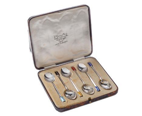 A harlequin set of six art deco silver and guilloche enamel coffee spoons, by Turner &amp; Simpson Ltd, Birmingham 1936, case