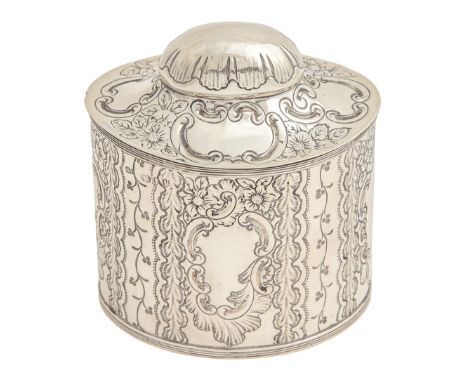 A Victorian silver tea caddy, with domed lid and reeded borders, stamped with foliage and vacant cartouches, 10cm h, by Georg