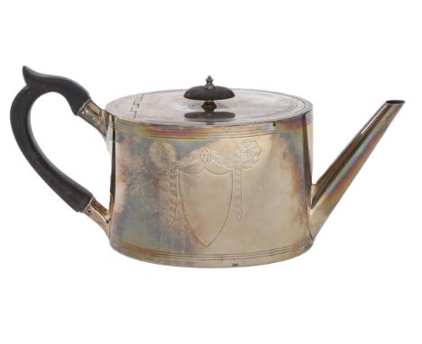 A Victorian silver teapot, of straight sided oval shape with integral joint to the flat lid, engraved with festoons between r