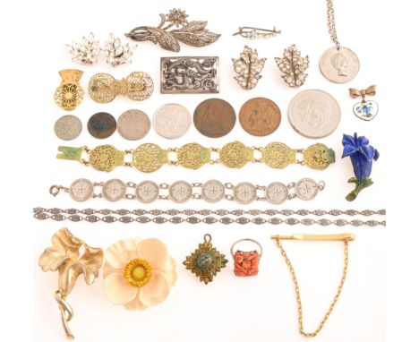 A French silver Chinese dragon brooch, a bracelet and other articles made from 18th c English pierced brass watch cocks, a he