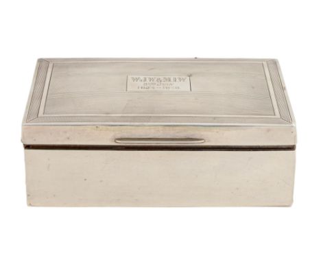 A George VI silver cigarette box, the lid engine turned, cedar lined, 13.5cm l, by J B Chatterley &amp; Sons Ltd, Birmingham 