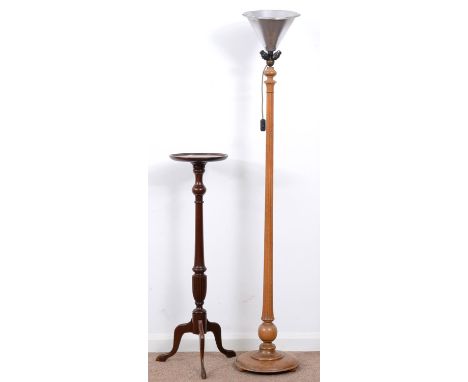 A turned and limed oak standard lamp, mid 20th c, 152cm h excluding fitment and a Victorian mahoganyÂ&nbsp; tripod torchere i