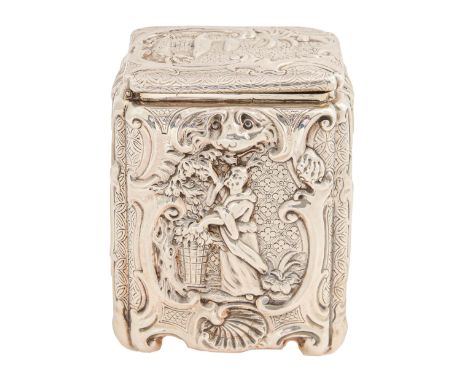 A Victorian silver chinoiserie tea caddy, the lid and sides with indent corners and crisply chased with a Chinese figure pick