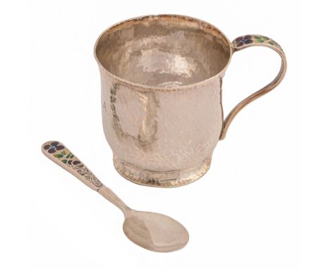 Bernard Instone. An Arts &amp; Crafts silver and enamel christening mug and spoon, hammer textured, mug 70mm h, maker's marks