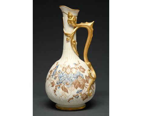 A Royal Worcester scale moulded ewer, 1888, with gilt chilong handle and decorated in pale blue and mushroom with naturalisti