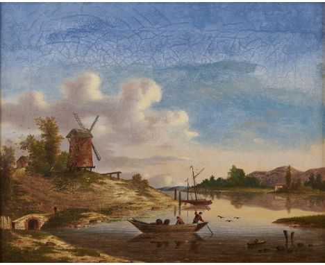 Follower of Paul Nasmyth - River Scene with Windmill, bears signature, oil on canvas, 22 x 27cm and three others, comprising 