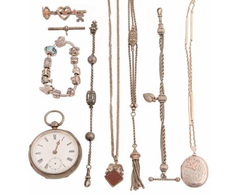 An English silver lever watch, with enamel dial, 52mm, Chester 1900, two silver watch fobs and miscellaneous other silver art