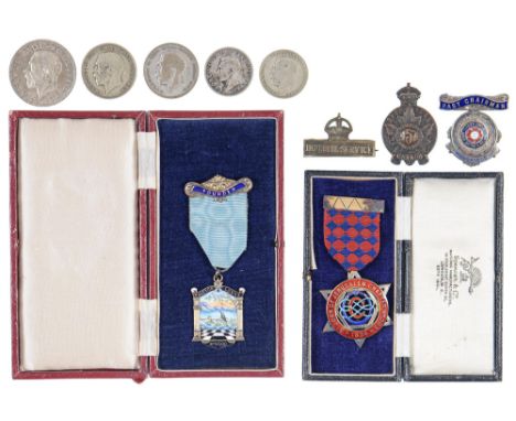 Two silver gilt and enamel masonic jewels, crown 1935 and other coins, WWI brass IMPERIAL SERVICE badge and 157th (Simcoe For