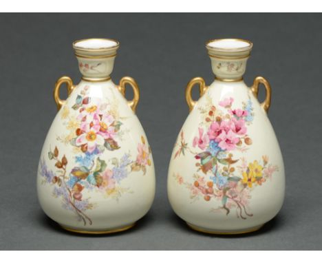 A pair of Royal Crown Derby vases, 1891, painted with wild flowers on a primrose ground, 12.5cm h, printed mark, painted shap