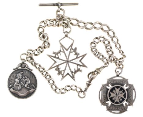 A silver albert, mounted with skeletonised silver and white enamel badge of the Order of St John, watch fob shield of the sam