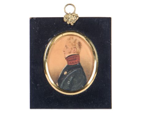English School, early 19th c - Portrait Miniature of an Officer, in frogged black tunic with red collar and cross belt, weari