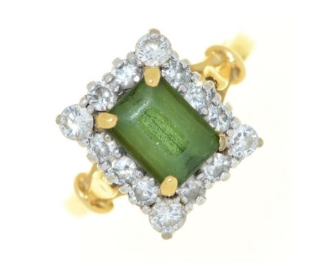 A green tourmaline and diamond rectangular cluster ring, in 18ct gold, Birmingham 2001, 6.4g, size N ConditionPrincipal stone