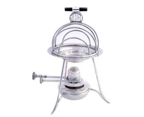 Asprey. A George V silver toast rack and lamp stand, of wirework construction with ebony rod handle, 19cm h, mark of Asprey &