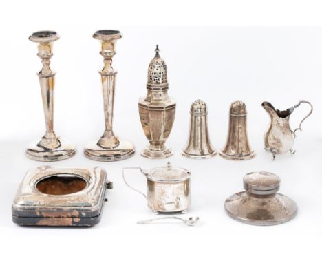 An Edwardian silver vase shaped sugar caster and cover and miscellaneous other silver articles, comprising pairs of candlesti