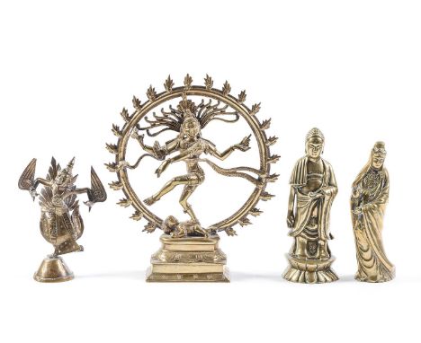 An Indian brass sculpture of Shiva Nataraja, another Indian brass votive sculpture, a figure of Guanyin and another item, the