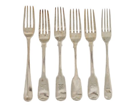 Six silver table forks, George III-Victorian, Old English and Fiddle pattern, by various makers, 14ozs 7dwts ConditionLight w