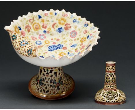 A Zsolnay shell shaped fruit stand on pieced foot and a Zsolnay miniature double walled pierced vase, late 19th c, stand 14.5