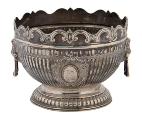 A Victorian silver rose bowl, the reeded bowl with vacant cartouche to either side and applied with lion mask loop handles, 1