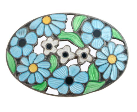 A pierced oval silver and guilloche enamel brooch, 45mm, by A H Darby &amp; Son, Birmingham 1945, 10.5g ConditionGood conditi