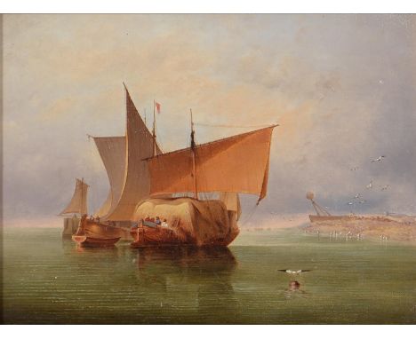 English School, early 19th c - Hay Barge and other Vessels on a Calm Morning off the Coast, oil on canvas, 23 x 30cm Conditio